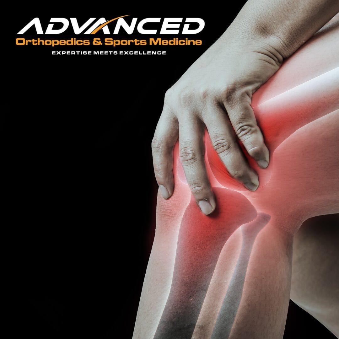 Advanced Orthopedics & Sports Medicine graphic illustrating knee joint pain from ACL injuries, highlighting advanced orthopedic pain management and sports medicine care in Las Vegas.